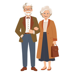 Happy senior couple of modern fashion elderly man and woman. Vector flat illustration isolated on white background