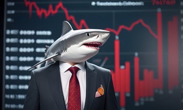 Capturing the essence of a bull market, this image shows a person in a shark costume amidst a backdrop of red market charts. The juxtaposition of the shark head and the business suit embodies market