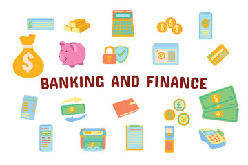 Fototapeta premium Banking and Finance Flat Vector Illustration Icon Sticker Set Design Materials