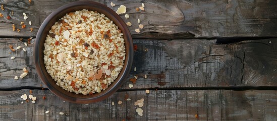 A bowl filled with oatmeal sitting on a wooden table, showcasing a warm and comforting breakfast setup. The wooden table serves as a rustic backdrop to the healthy meal option.