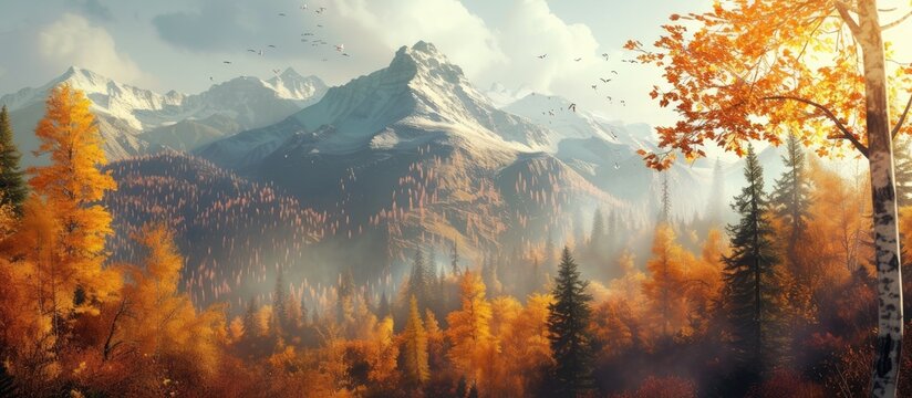 This painting depicts a dense forest with vibrant autumn foliage in the foreground, leading towards a majestic mountain peak under a clear, sunny sky in the background.