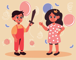 Childrens playing after school. Kids rehearsing performance, boy playing knight and girl playing princess. Creativity, little artists, preparation of holiday. Cartoon flat vector illustration