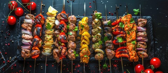 Multiple skewers are lined up with skewered pieces of meat, creating a repetitive pattern on a wooden surface.