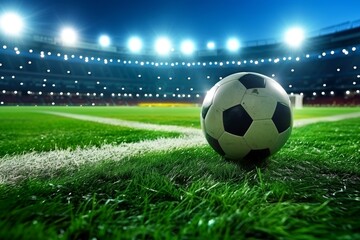 Fototapeta premium Close-up of soccer ball in the stadium in the evening light