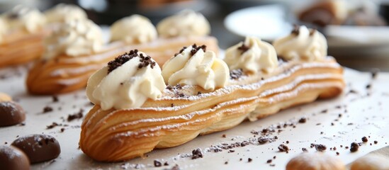 Delicious Chocolate and Cream Pastry for Sweet Indulgence, Tempting Treat on Plate