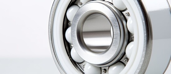 This close-up view showcases a ball bearing unit, emphasizing its intricate design and functionality. The white ball bearing stands out against a matching white background, highlighting its precision