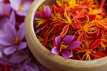 saffron in a wooden bowl close up