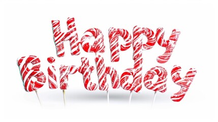 Words Happy Birthday isolated on white background made in Candy Cane Typography style. Decorative lettering of phrase Happy Birthday. Creative postcard. Ai Generated Digital art poster.