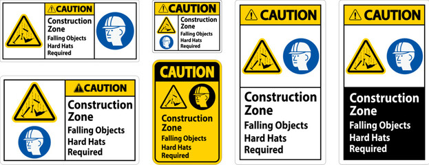 Fototapeta na wymiar Caution Sign, Construction Zone, Falling Objects Hard Hats Required