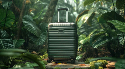 Green luggage suitcase. Green luggage suitcase in tropical forest. Travelling trolley for exotic vacation destination. Wild concept. luggage concept. Travel concept. Advertising concept. Animal world 