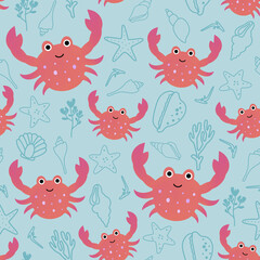 Funny crabs seamless pattern. Hand drawn pink or orange cute sea animals scattered on blue background with silhouettes of shells, sea stars and corals. Kids underwater life allover illustration 