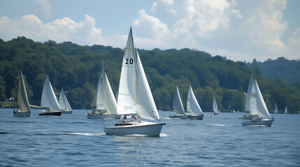 Regatta racing sailboats in the bay of ocean.