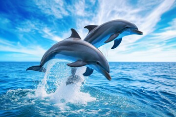 Two dolphins leaping from the ocean