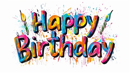 Words Happy Birthday isolated on white background made in Graffiti Typography style. Decorative lettering of phrase Happy Birthday. Creative postcard. Ai Generated Digital art poster.