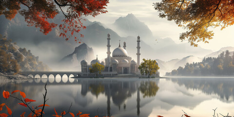 Mosque by the lake at misty morning with mountain and floral frame - obrazy, fototapety, plakaty
