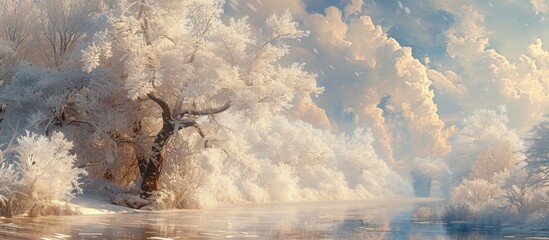 A painting depicting a tree rooted in the center of a flowing river, surrounded by water. The tree appears to stand tall and strong, contrasting with the fluidity of the river. - obrazy, fototapety, plakaty