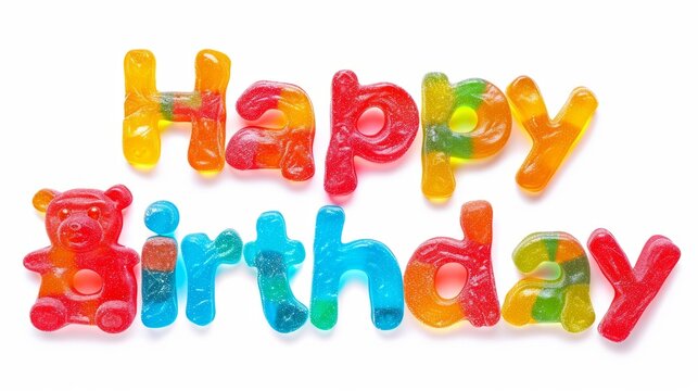 Words Happy Birthday isolated on white background made in Gummy Bear Typography style. Decorative lettering of phrase Happy Birthday. Creative postcard. Ai Generated Digital art poster.