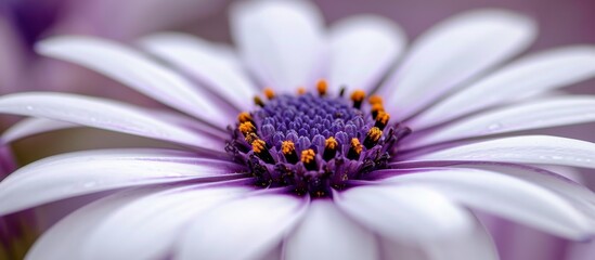 Macro photography of a white flower with a purple center, showcasing the symmetry of the petals. This annual flowering plant is a terrestrial wildflower. - Powered by Adobe