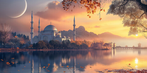 Mosque by the lake at scenic sunset with crescent moon and golden leaves frame