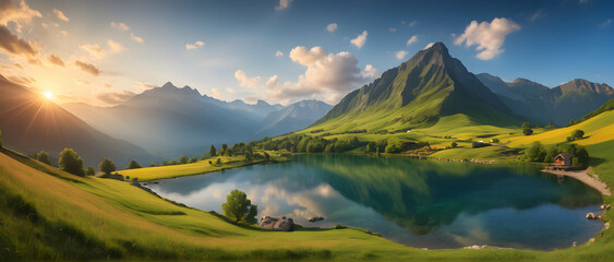 Panoramic view of a tranquil mountain lake with the sun casting warm hues over the landscape and reflecting on the water