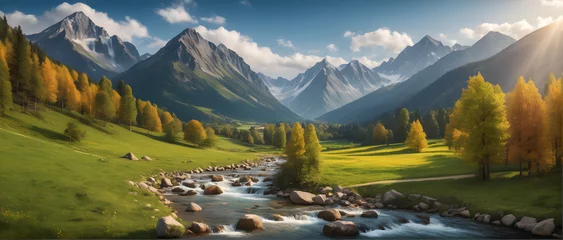 Fotobehang A tranquil landscape showcasing a river smoothly flowing through a valley with autumn-colored trees and towering mountains © JohnTheArtist
