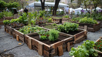 Urban community garden with raised beds of assorted greenery, promoting local agriculture in city spaces Concept of urban farming, sustainability, and community involvement