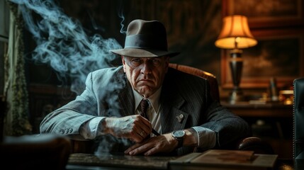 Mysterious gangster man in fedora with cigar smoke - obrazy, fototapety, plakaty