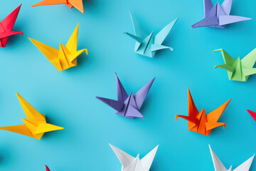 Obraz premium Colorful Origami Bird: Symbol of Hope, Peace, and Creativity on Blue Background