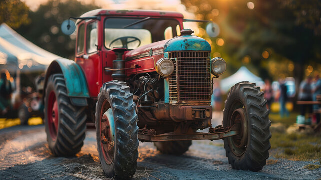 Vintage red tractor in a rural setting during golden hour, representing agricultural heritage and machineryConcept of farming, tradition, and vintage machinery