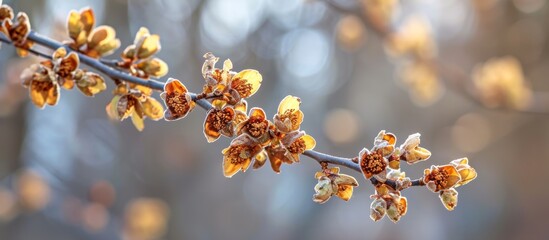 A macro shot of a flowering tree branch with delicate petals, showcasing the beauty of a blossoming plant in its natural landscape.
