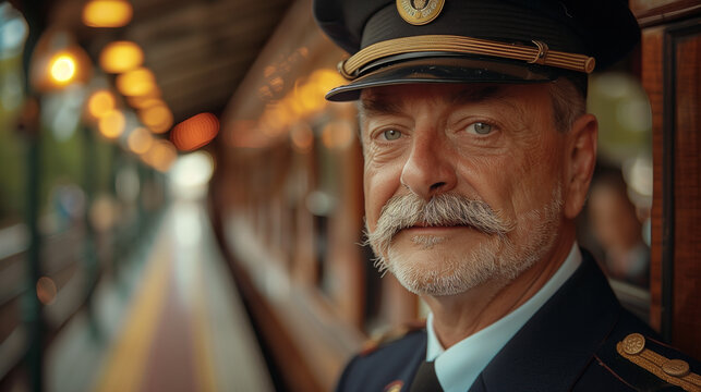Train conductor in classic original uniform on a tour route for tourists.