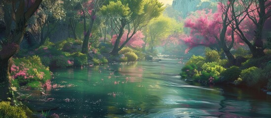 A painting depicting a meandering river cutting through a dense forest during the vibrant spring season. The lush trees surround the water, creating a serene and picturesque scene.