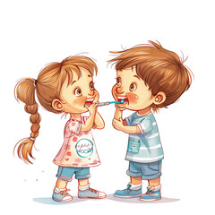 Clipart of children checking teeth with dental on white background