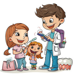 Clipart of children checking teeth with dental on white background