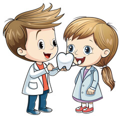 Clipart of children checking teeth with dental on white background