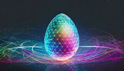 glowing sphere in the dark space, Abstract transparent cyber colorful Easter egg on dark background​ - obrazy, fototapety, plakaty