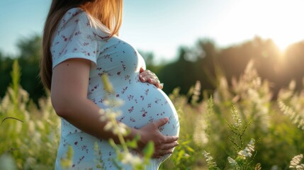 Woman pregnant holding bump at green garden - obrazy, fototapety, plakaty