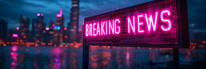“BREAKING NEWS” graphic in design - pink neon - obrazy, fototapety, plakaty