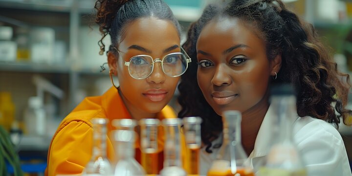 Female students collaborating in a chemistry experiment in a classroom lab. Concept Female Students, Chemistry Experiment, Classroom Lab, Collaboration, Education