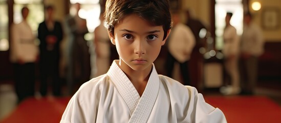 A young boy is confidently standing in a white karate outfit, showcasing his martial arts skills. His focused expressions and disciplined stance demonstrate his dedication to karate training.