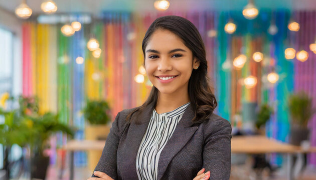Happy young American business woman with colorful, Happy and cool smile on face and office background
