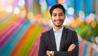 Happy young  business man with colorful, Happy and cool smile on face and colorful background