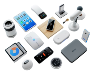  smart home devices, including thermostats, security cameras, and voice assistants on transparent background