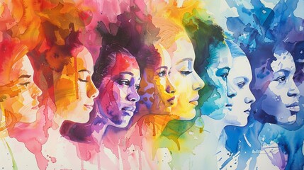 Abstract colorful art watercolor painting depicts International Women's Day