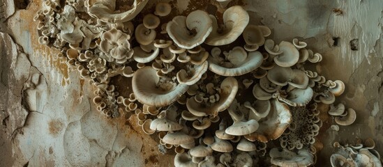 A cluster of mushrooms, varying in size and color, growing on a wall near a house. The mushrooms seem to be thriving in the damp, shaded environment provided by the wall.