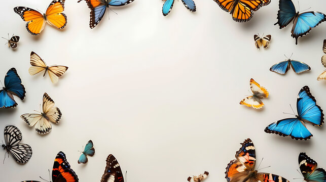 Assorted butterflies forming a border on a white background. Nature-themed flat lay composition with copy space for design and print