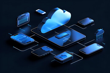 3D illustration of cloud storage concept with devices connected on a dark background. Digital network and data synchronization design for technology and connectivity concepts