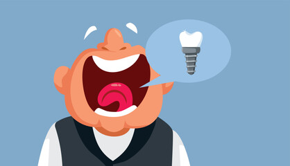 Mature Man Using Implant technology for Dental Health Vector Illustration. Confident elderly guy laughing and speaking after implant procedure 
