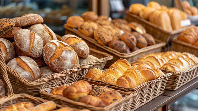 A variety of freshly baked breads are displayed in baskets, showcasing a tempting selection at a bakery.