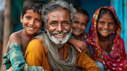 Indian villagers family outside, smiling and happy.